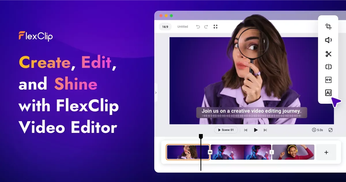 The FlexClip AI video editor interface shown on a laptop, illustrating its ease of use for creating professional videos.